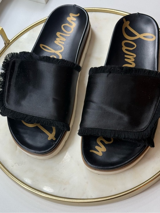 Sam Edelman Shoes - Sam Edelman Black Satin Fringe Slide Platform Sandals with Ivory Soles
